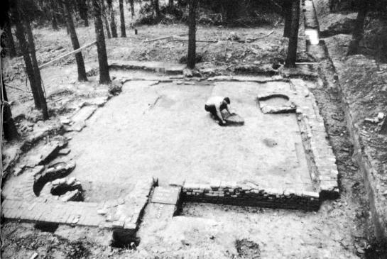 [Illustration: Although most Jamestown workshops were probably made of framework and were merely sheds, one brick foundation has three brick fireboxes and a large brick chimney. This structure was probably a brew house, bakery, or distillery.]